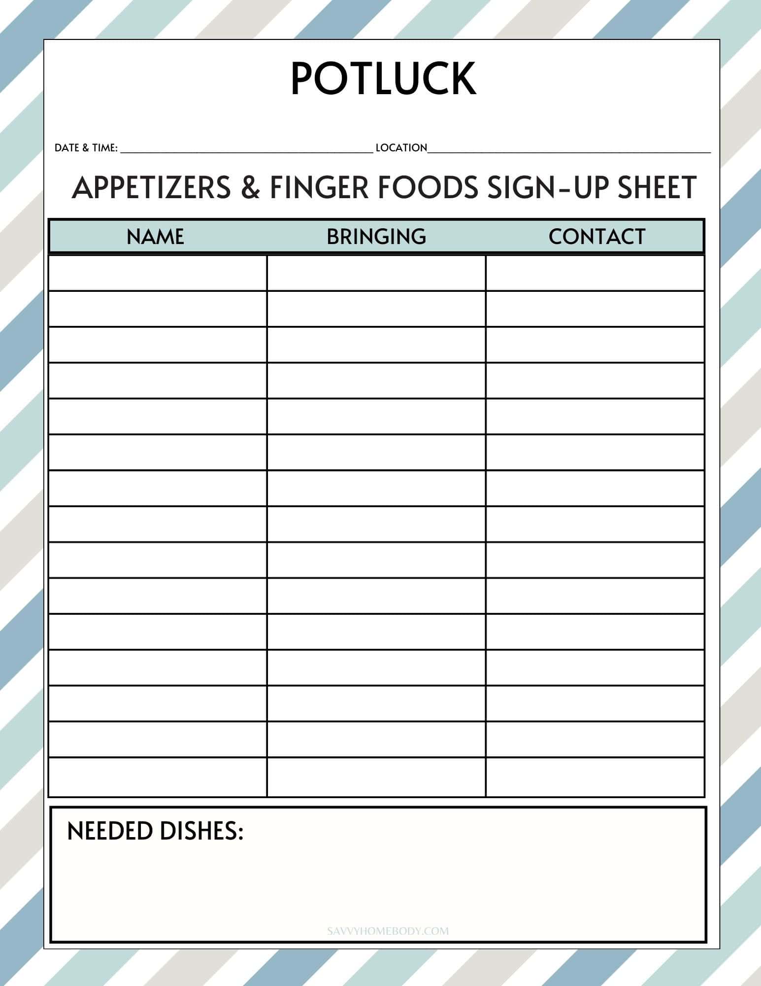 Free Potluck Sign Up Sheets Planner