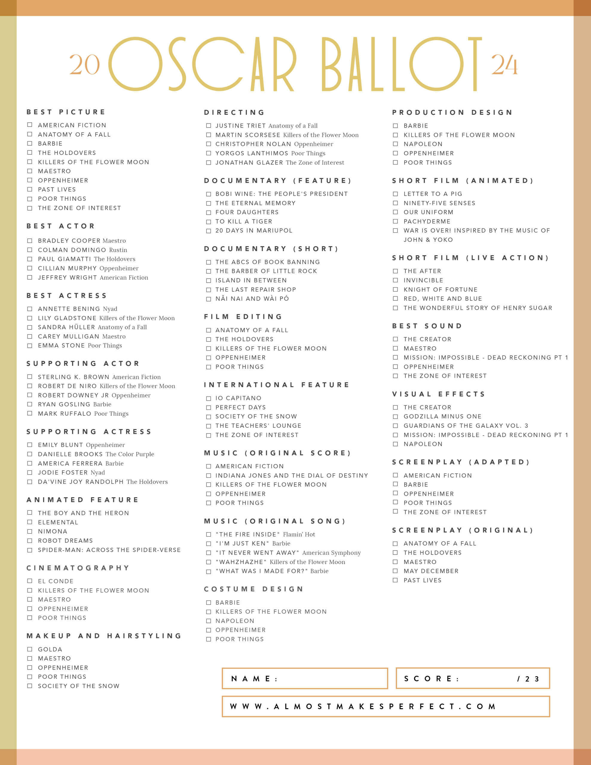 Free Printable 2024 Oscar Ballots