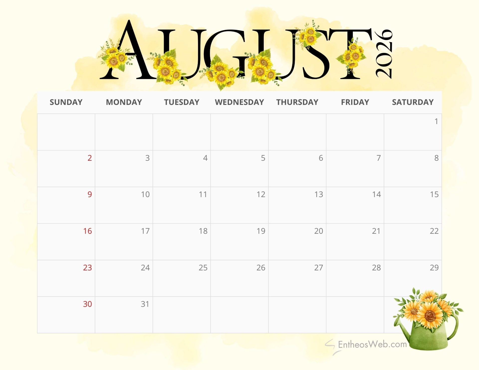 free printable august calendar