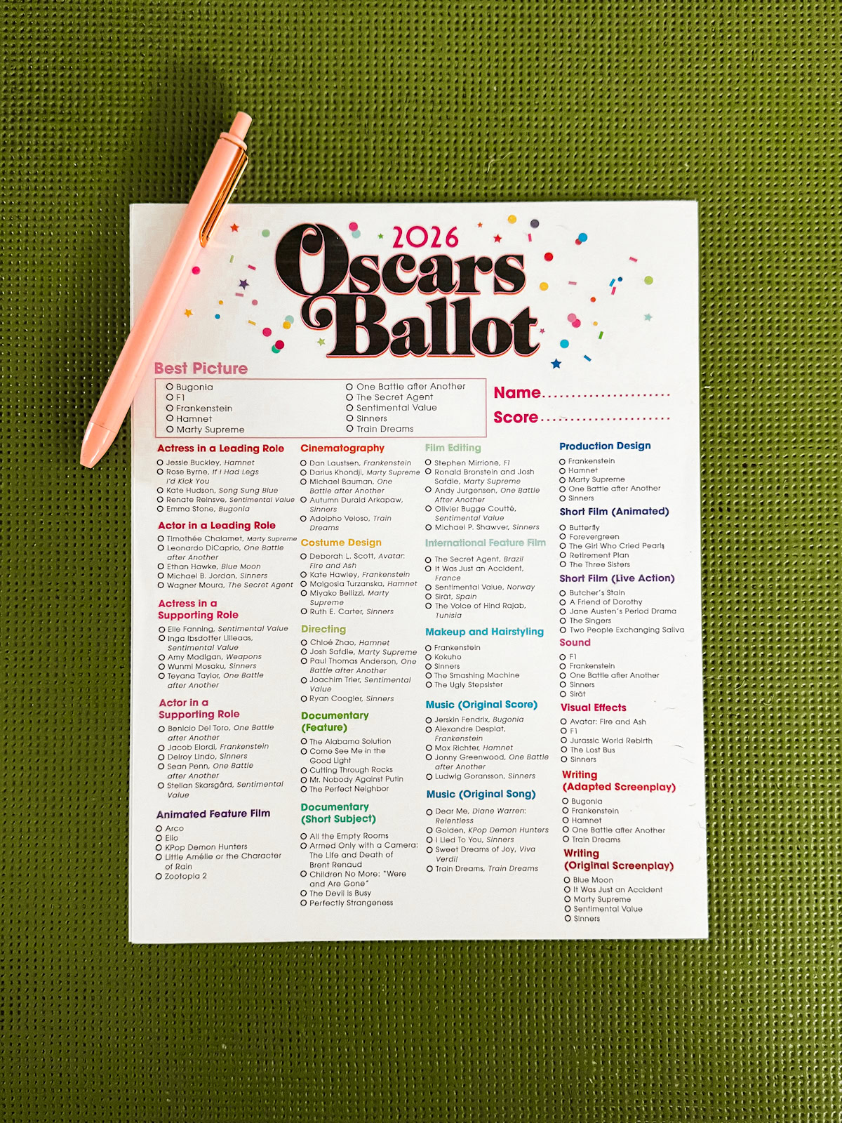 Free Printable Oscar Ballot