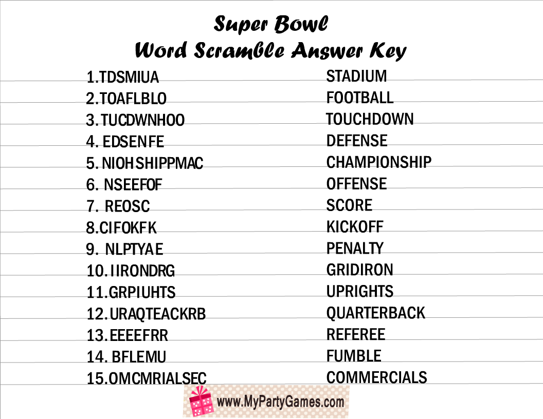Free Printable Super Bowl Word Scramble Game