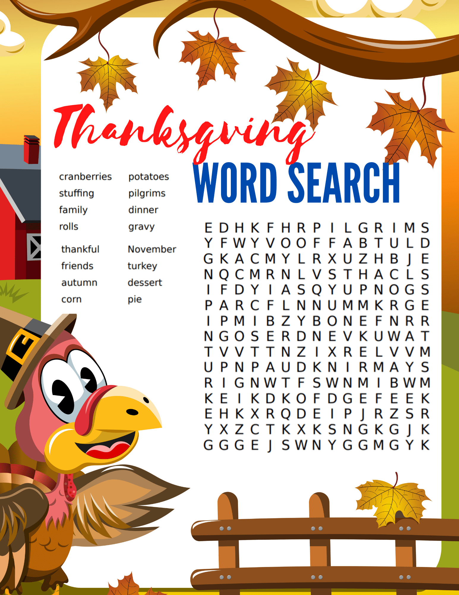 thanksgiving free word search printable