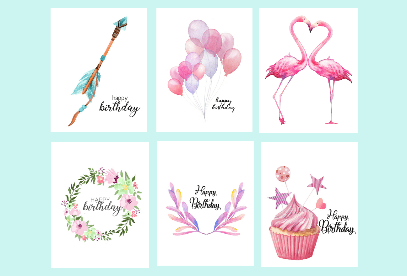 Free Printable Watercolor Birthday Cards Flamingo Balloons Arrow Cupcake