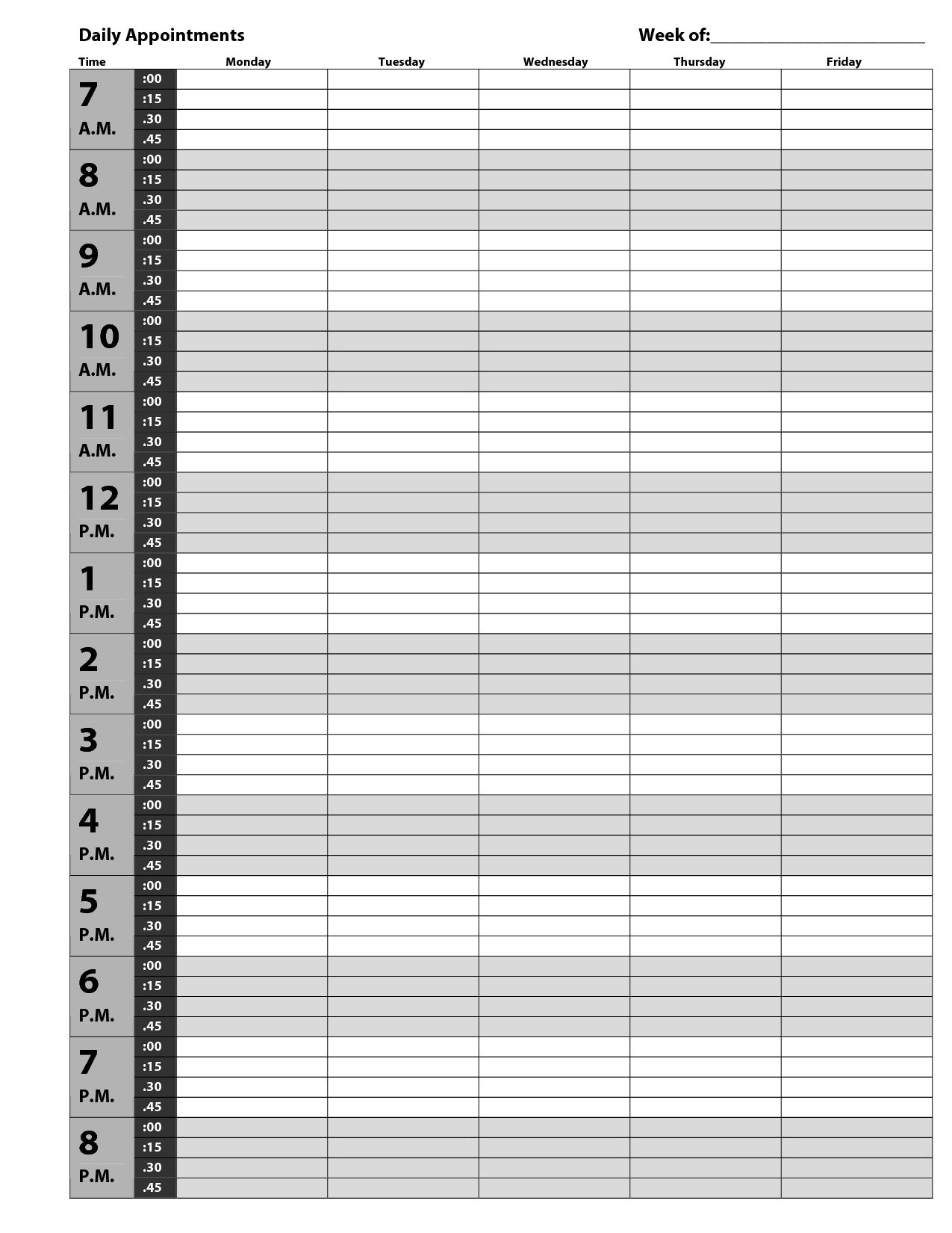 Free Printable Weekly Schedule 15 Minute Increments