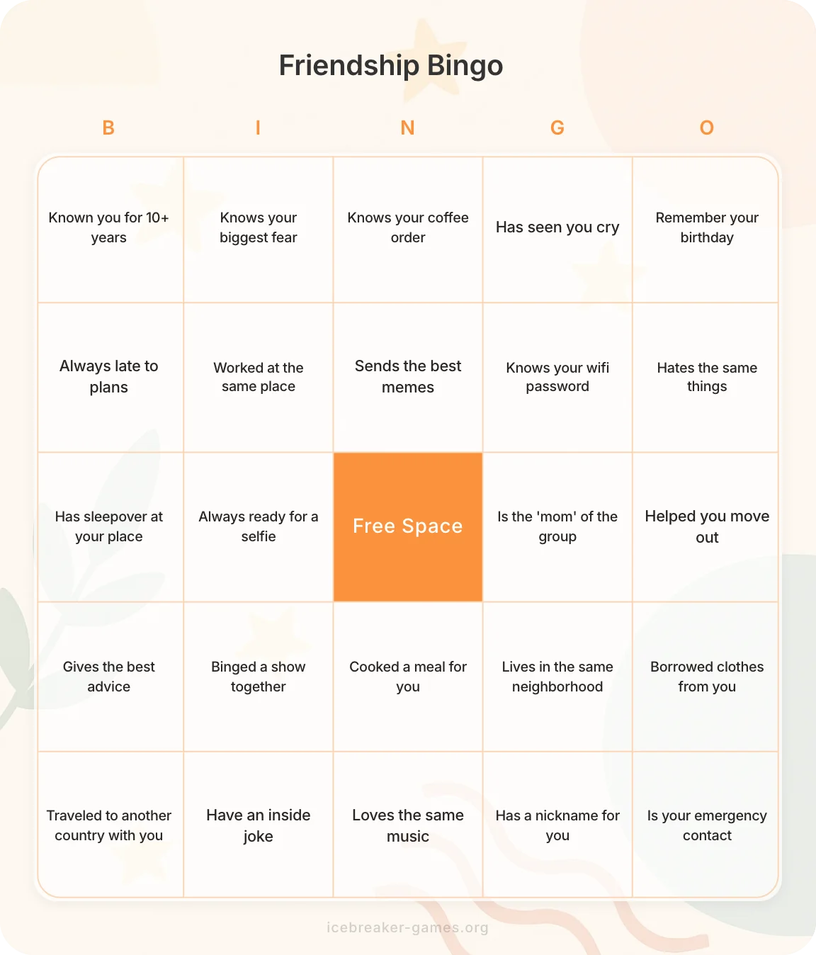 Friendship Bingo Cards