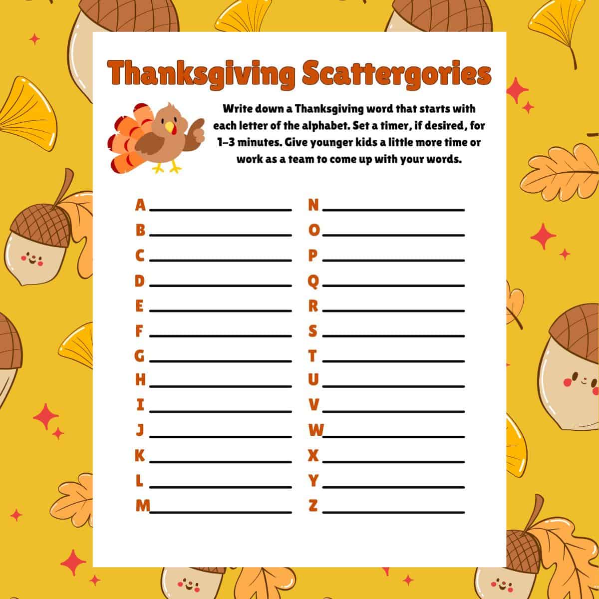 Fun Thanksgiving Scattergories Game Free Printable