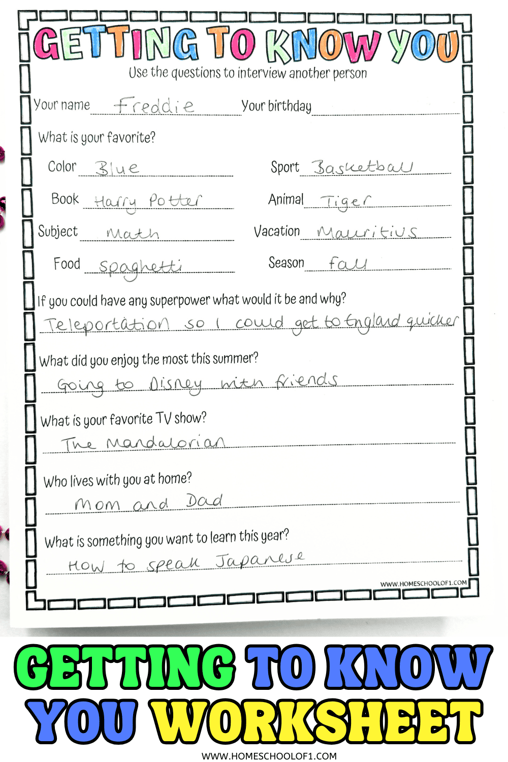 Getting To Know You Worksheet