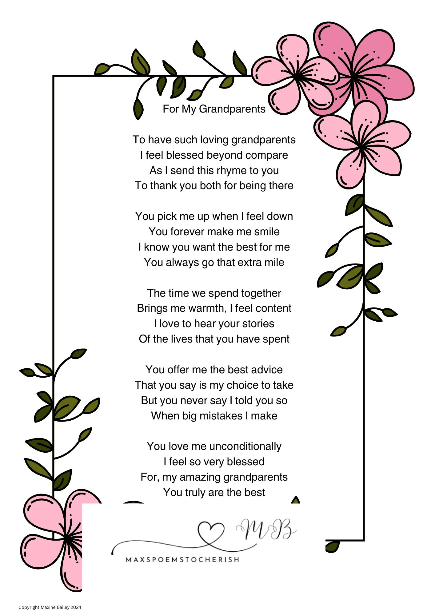 Grandparents Poem Gift Floral Art Print