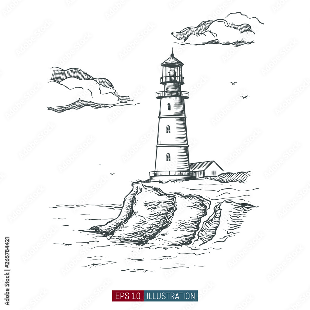 Hand Drawn Lighthouse Template For Your Design Works Engraved Style Vector Illustration