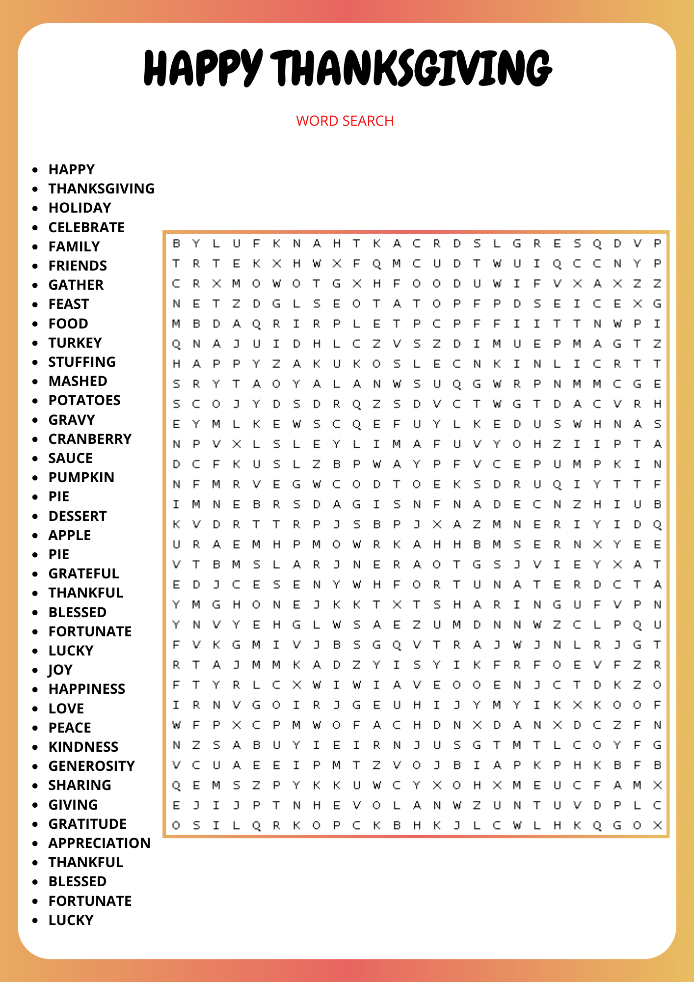 Happy Thanksgiving Word Search Puzzle Worksheet Activity
