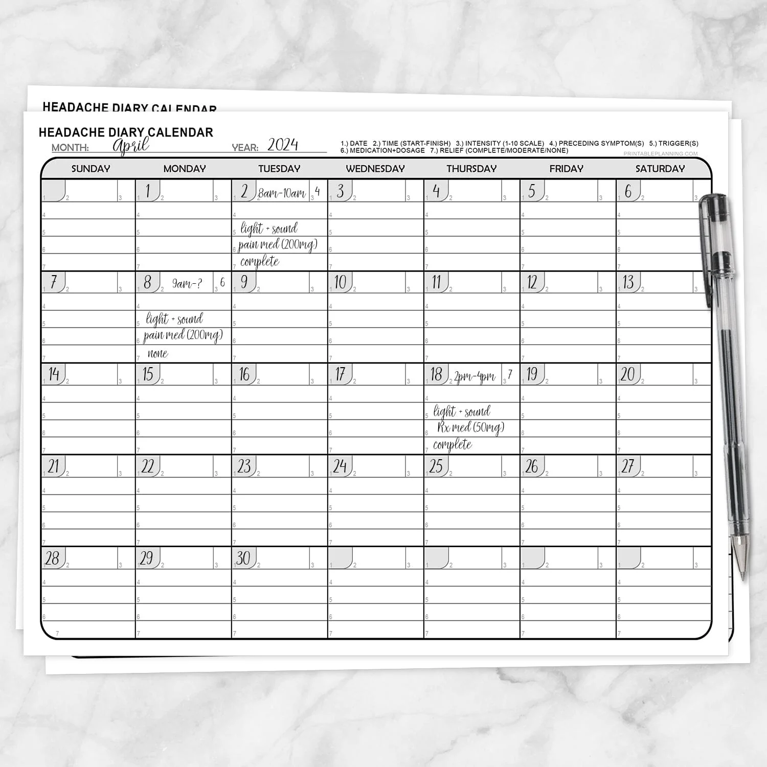 Headache Diary Calendar Printable