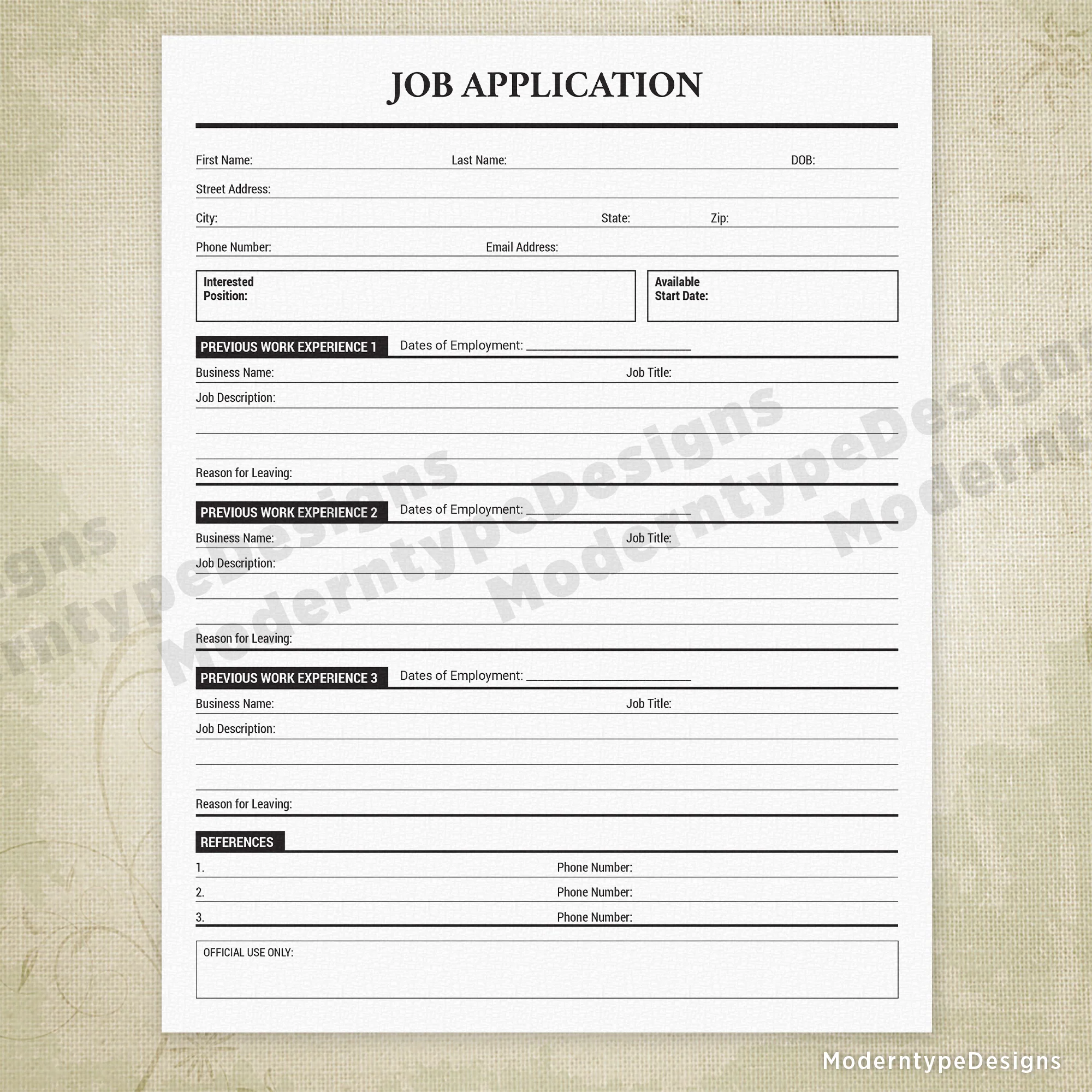 free printable job application