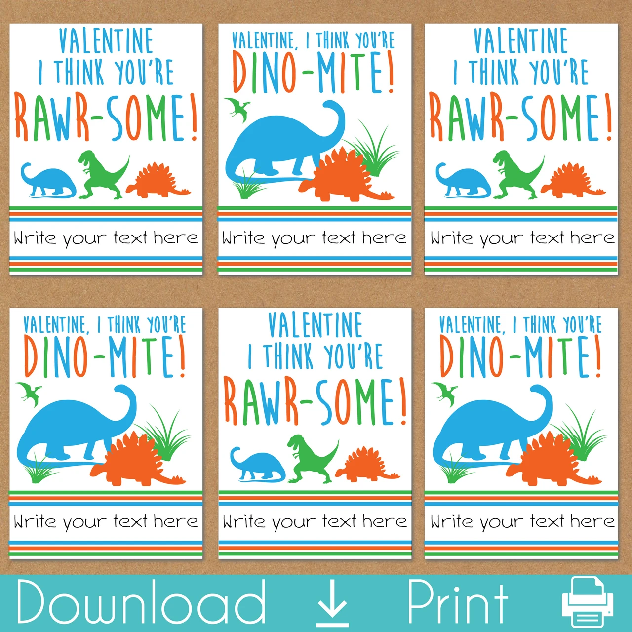 Jurassic Dinosaur Printable Valentines Day Cards