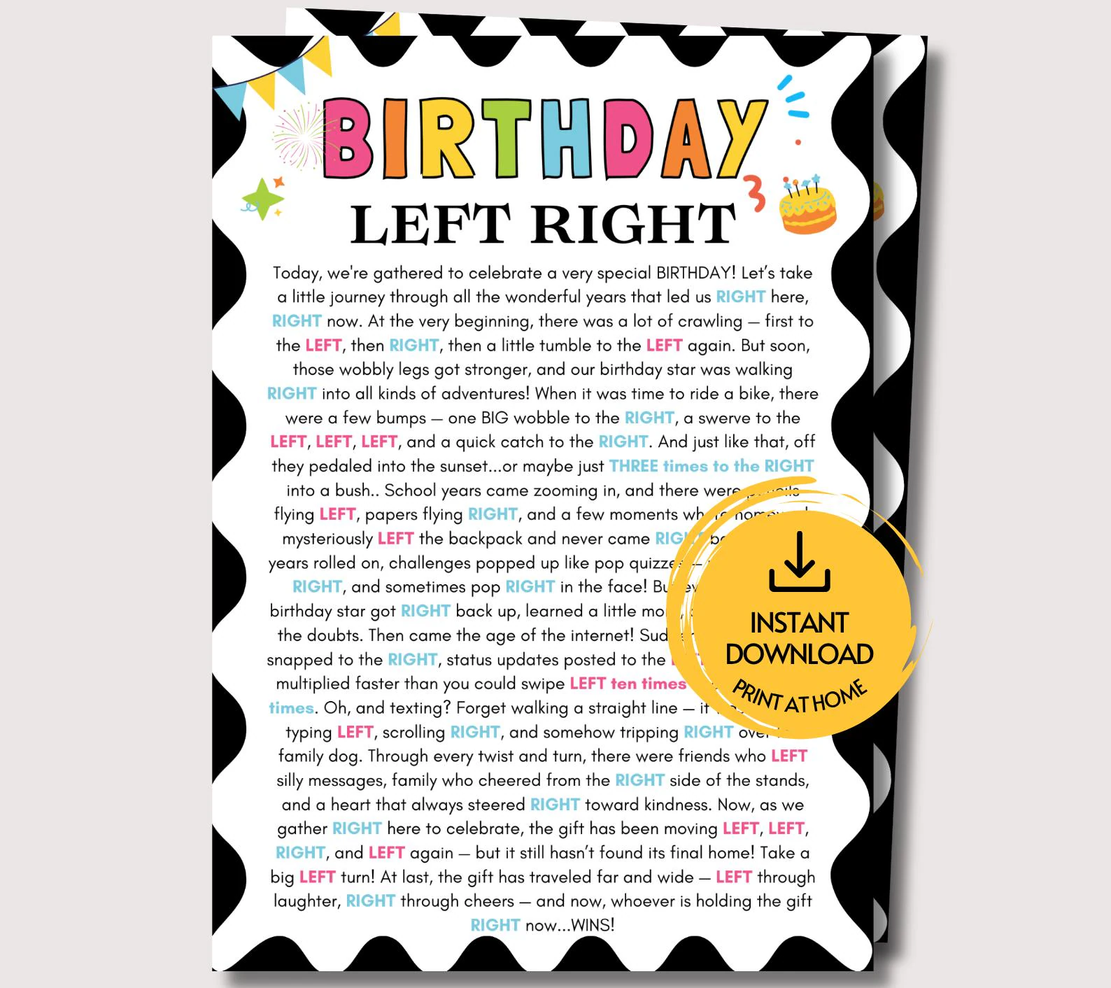 free printable left right birthday game
