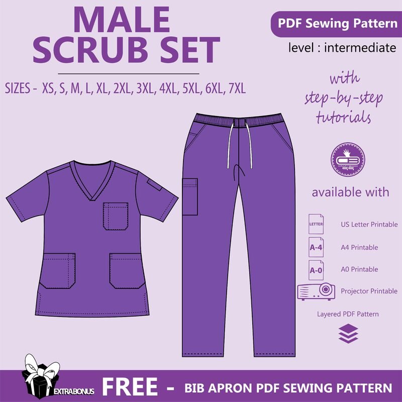 Male Scrub Set Pdf Sewing Pattern Medical Scrub Sewing Unisex Pattern
