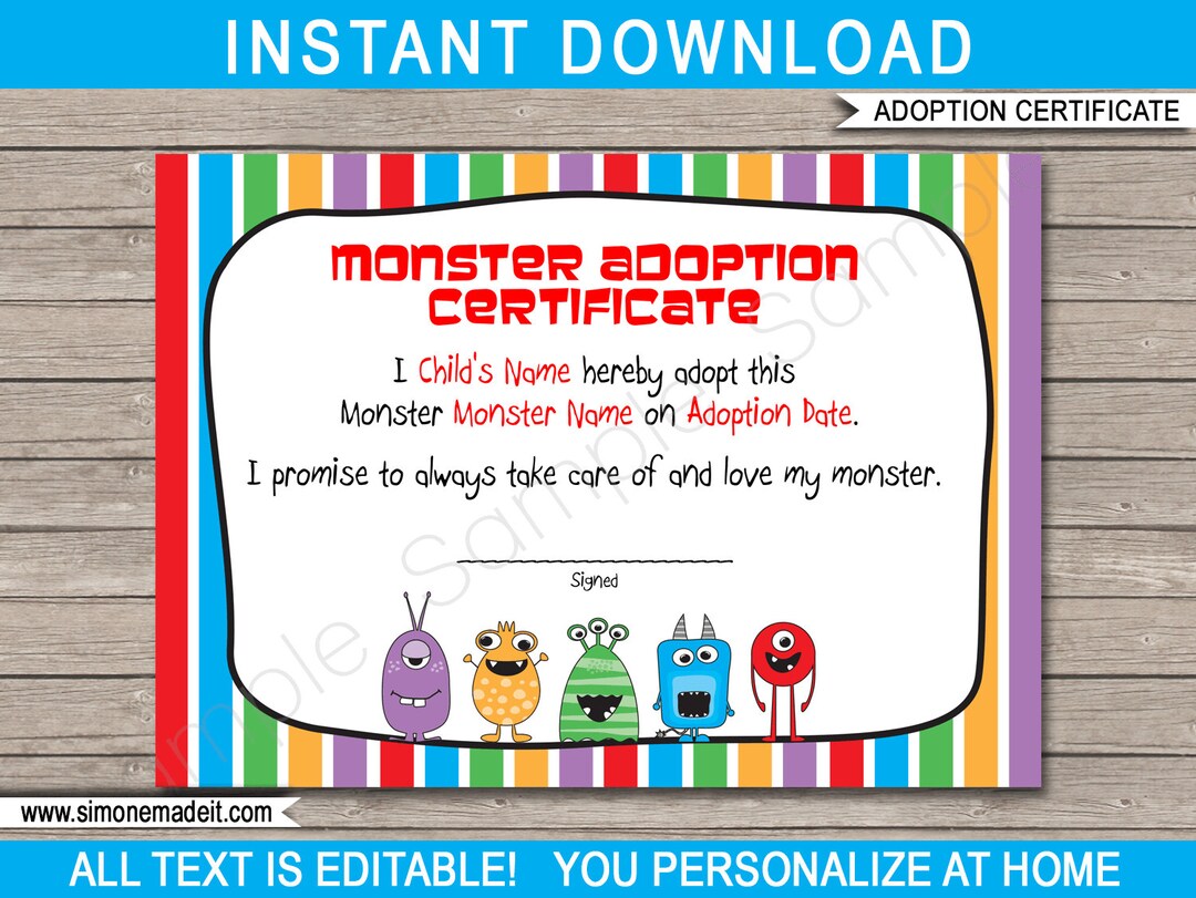 Monster Adoption Certificate Template