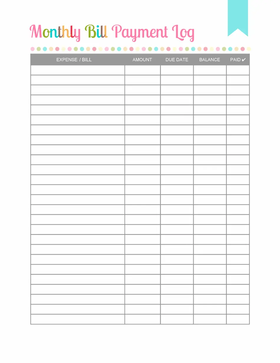 Monthly Bill Payment Log Template