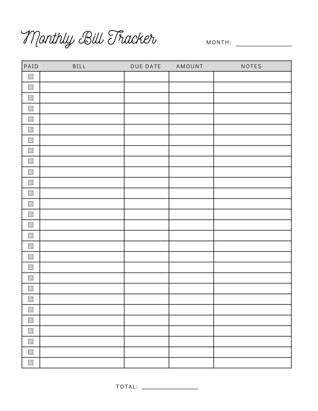 Monthly Bill Payment Tracker Printable