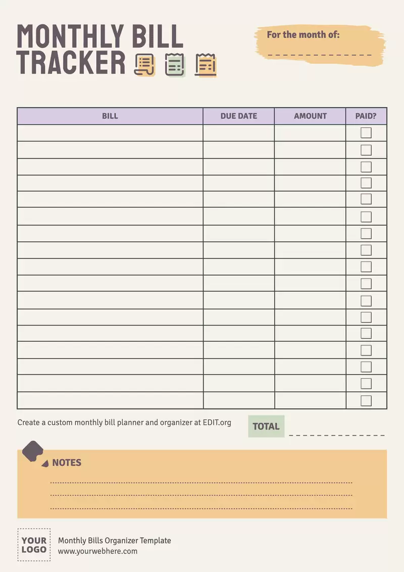 Monthly Bills Organizer Templates