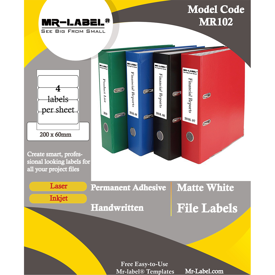 Mr Label 200 X 60 Mm Matte White Lever Arch File Labels Self Adhesive Blank Labels For Inkjet Laser Printer For Folders Ring Binders 4 Labels Per A4 Sheet Mr102