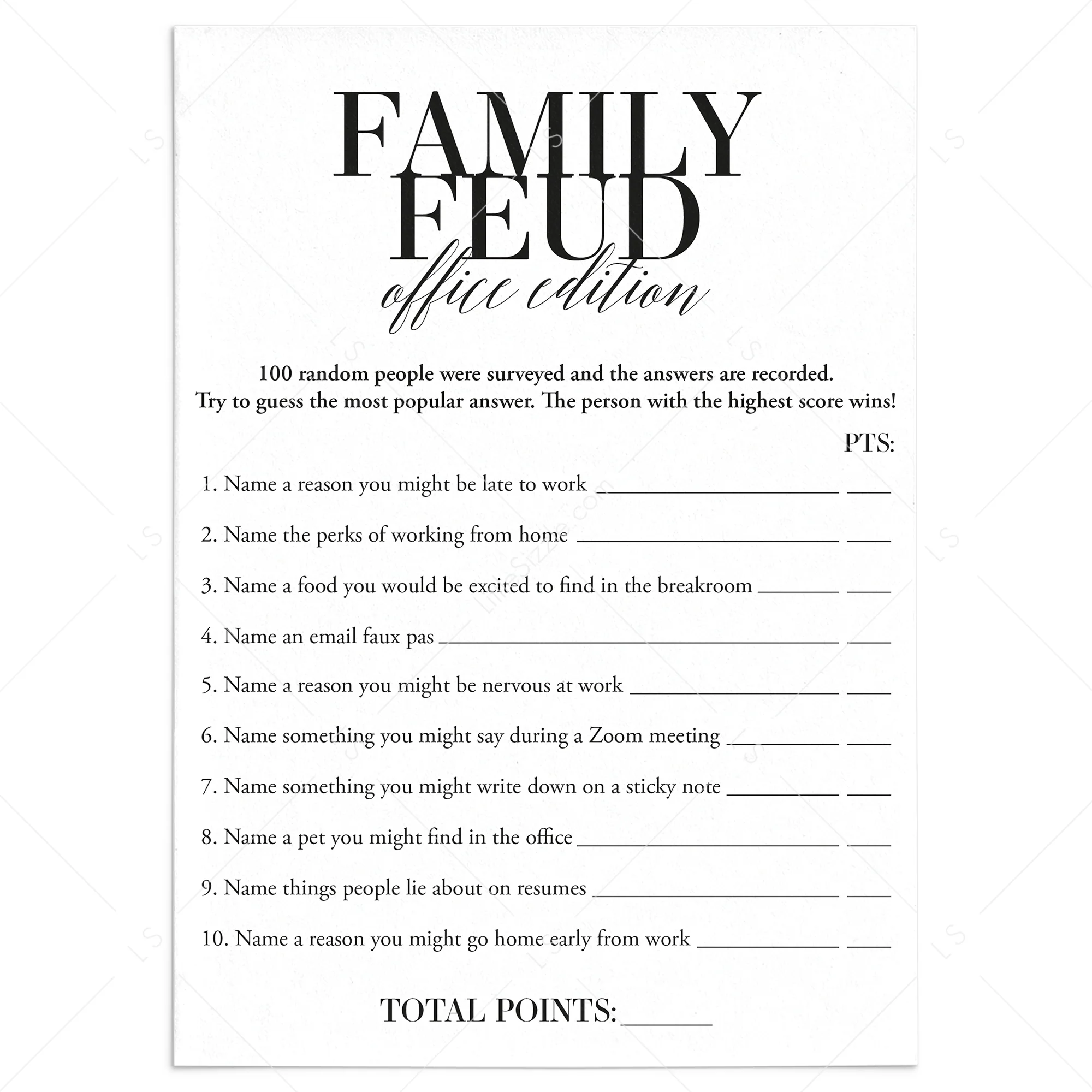 free printable family feud questions