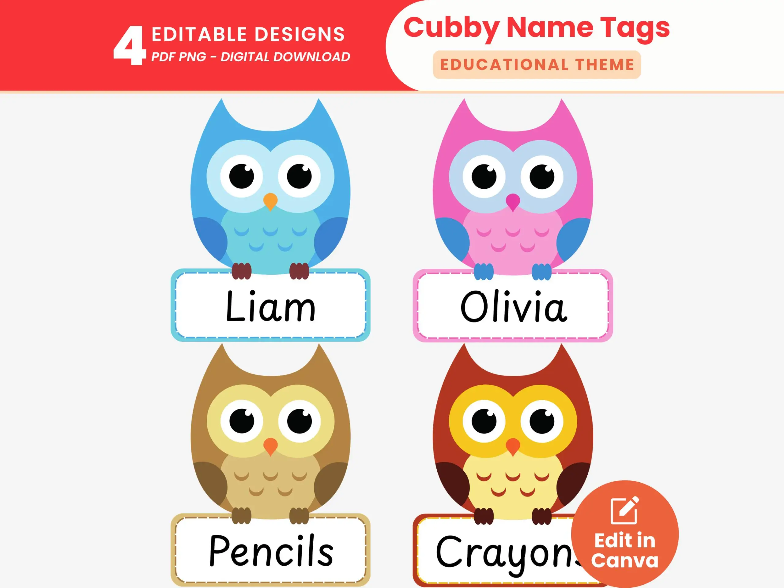 Owl Theme Cubby Name Tags Editable Kids