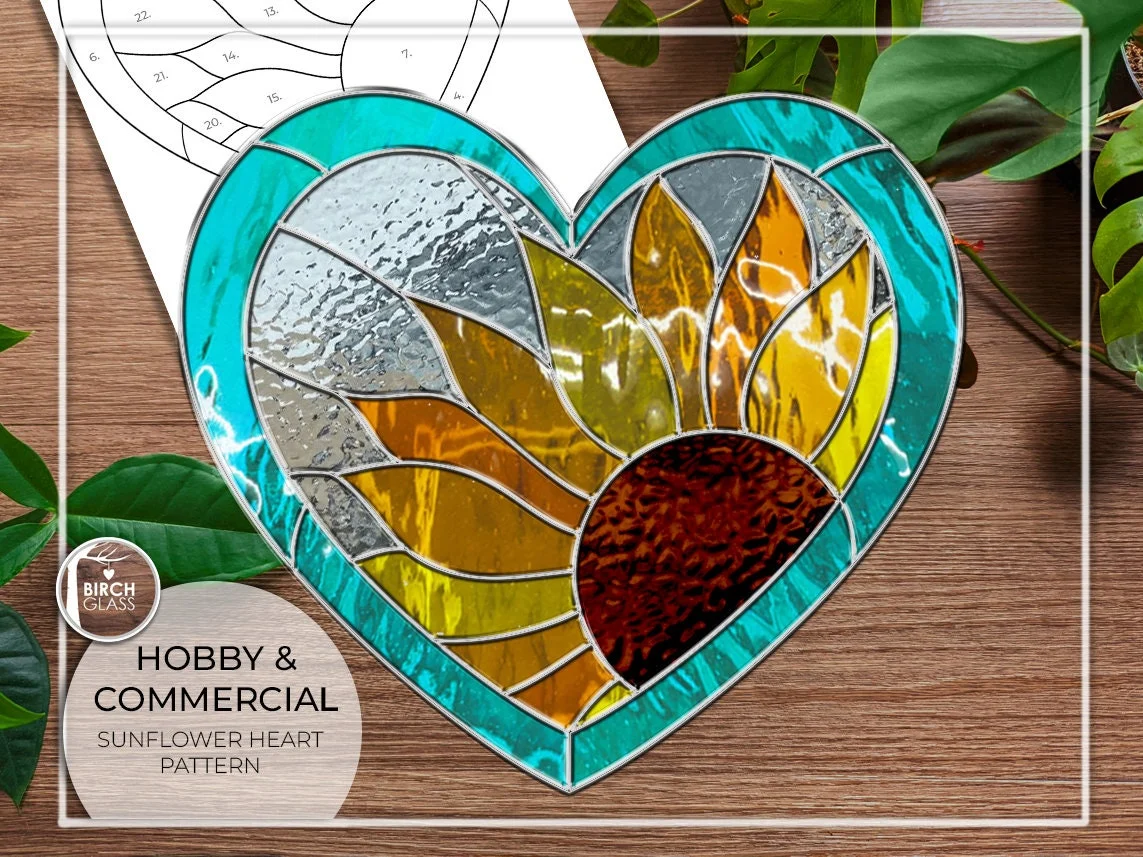 Pattern Sunflower Heart Stained Glass Pattern Pdf Digital Download Flowers Heart Love Panel Sun Flower Easy Beginner