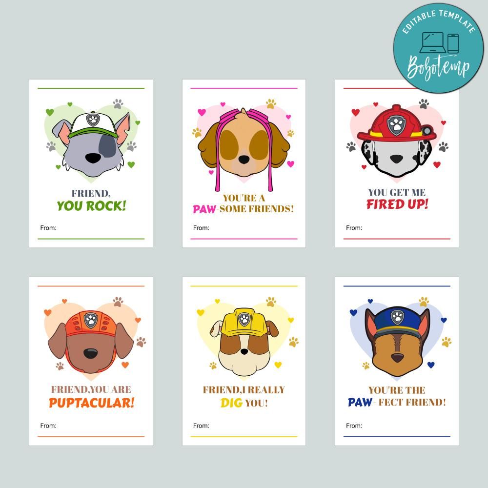 Paw Patrol Kids Valentine Cards Printable Customizable Template Diy