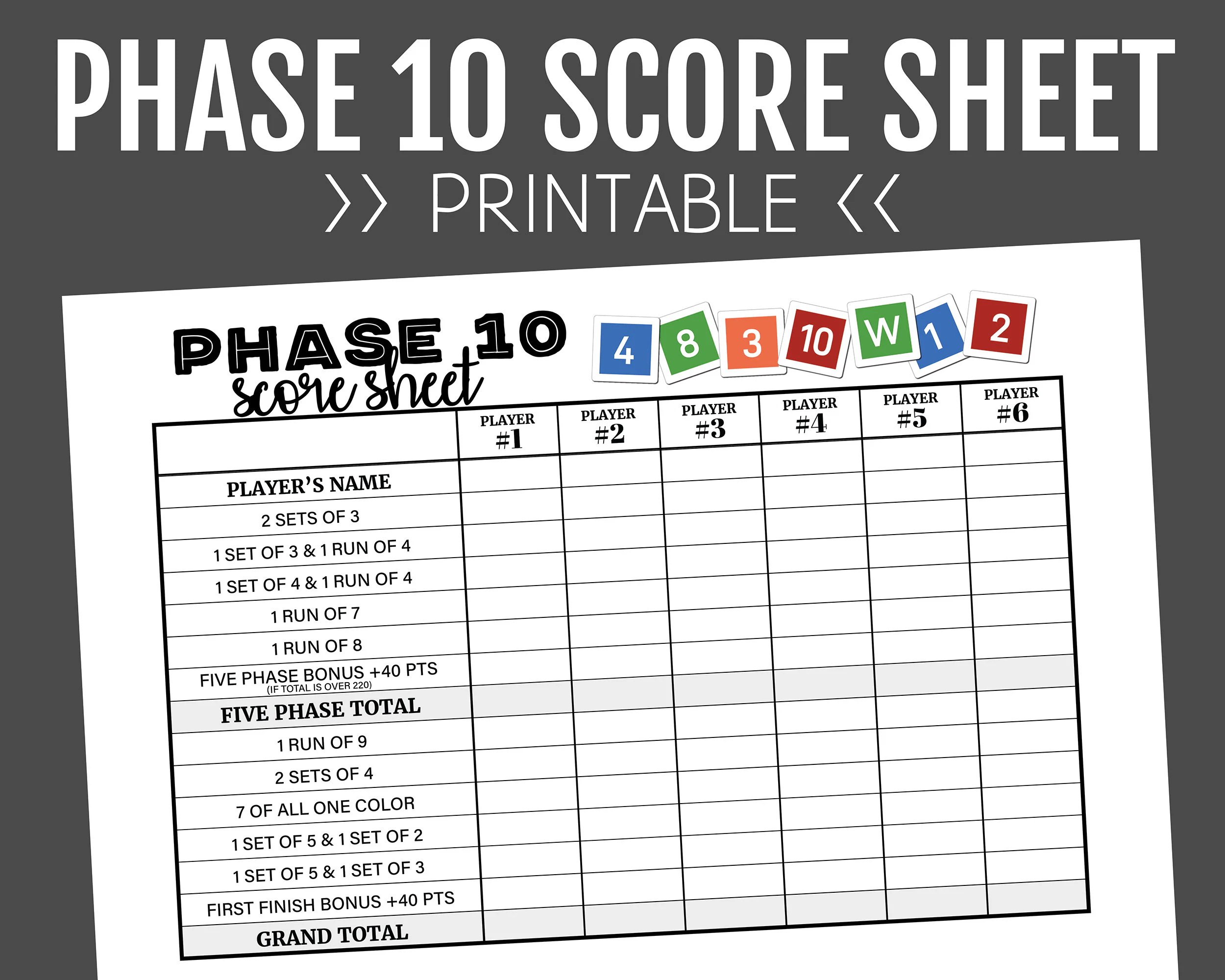 Phase 10 Score Sheet Printable Score