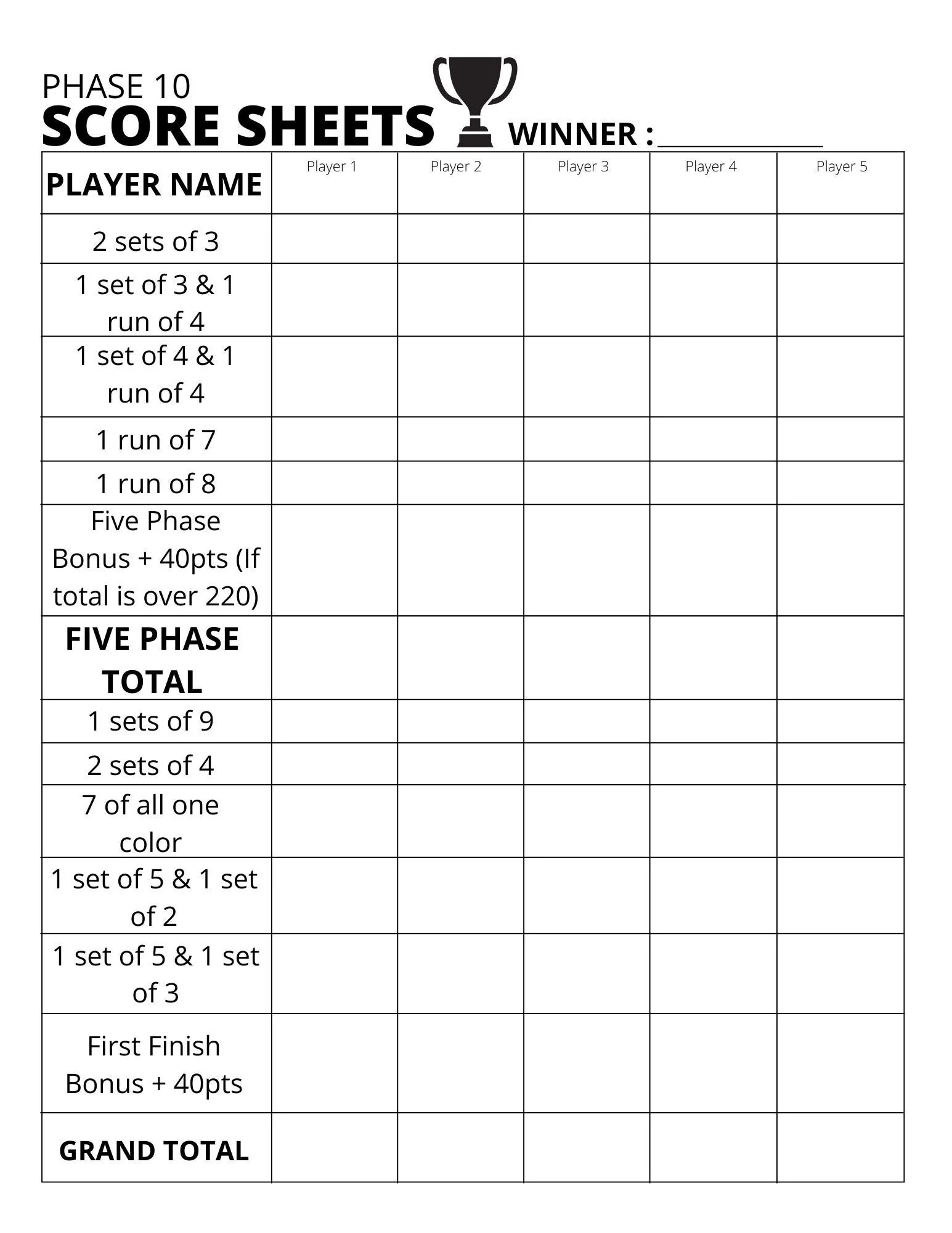 Phase 10 Scoreboard Score Sheet