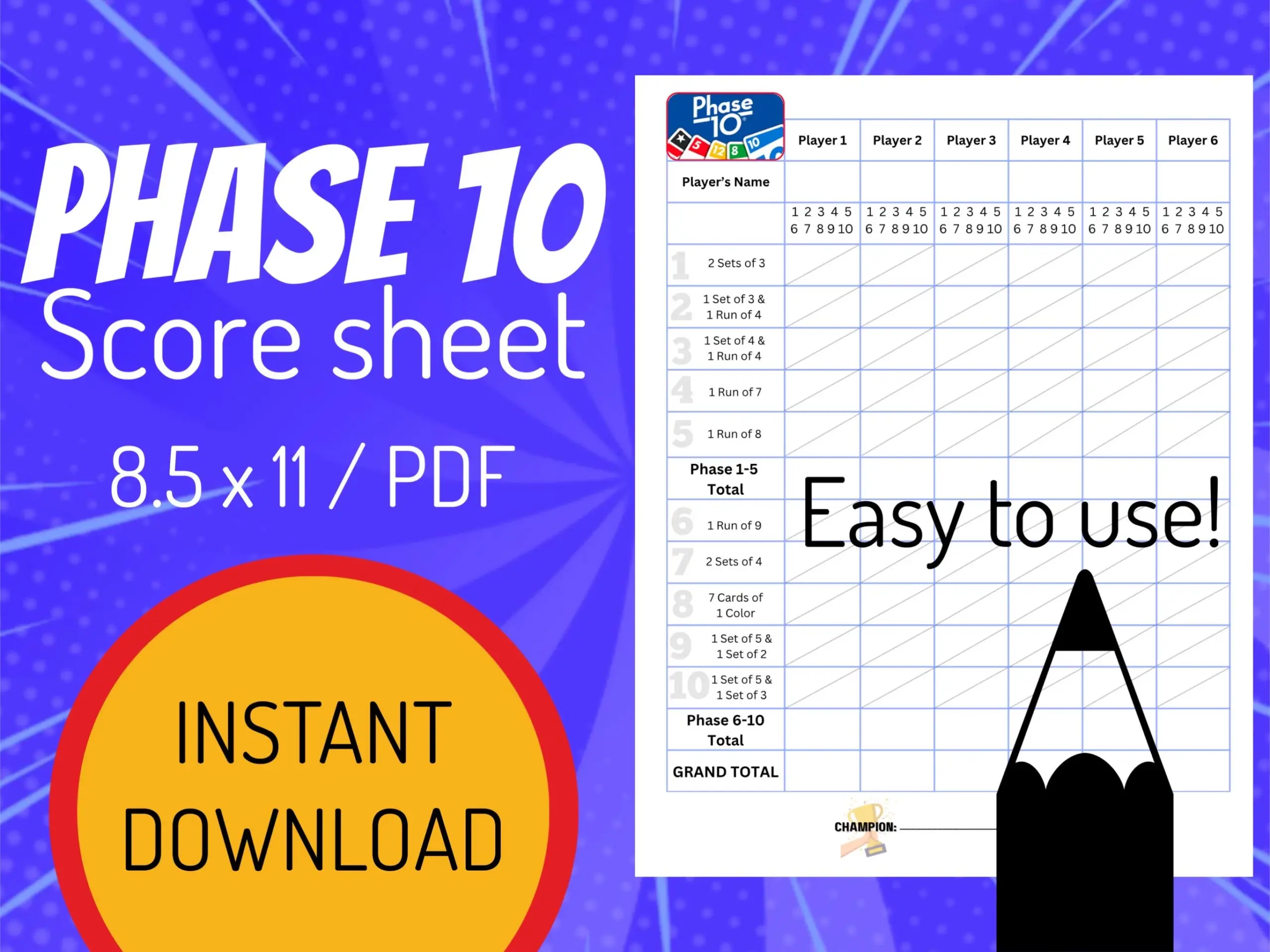 free printable phase 10 card game score sheet