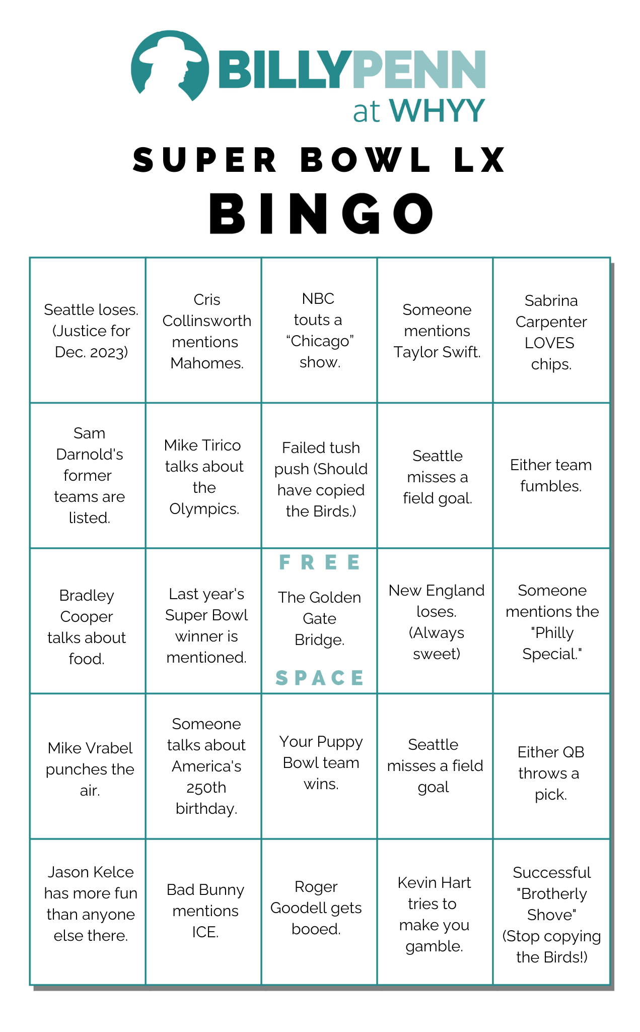 Philadelphia Super Bowl Lx Bingo Game Board Seahawks Patriots Philadelphia Super Bowl Lx Bingo Game Board Seahawks Patriots