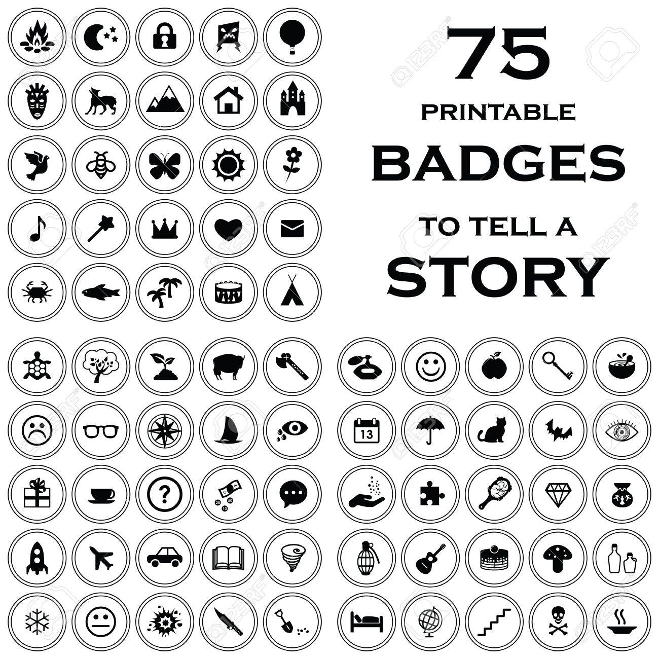 Photo 87109384 Vector Illustration Of Printable Black And White Badges With Symbols For Creating Stories Game