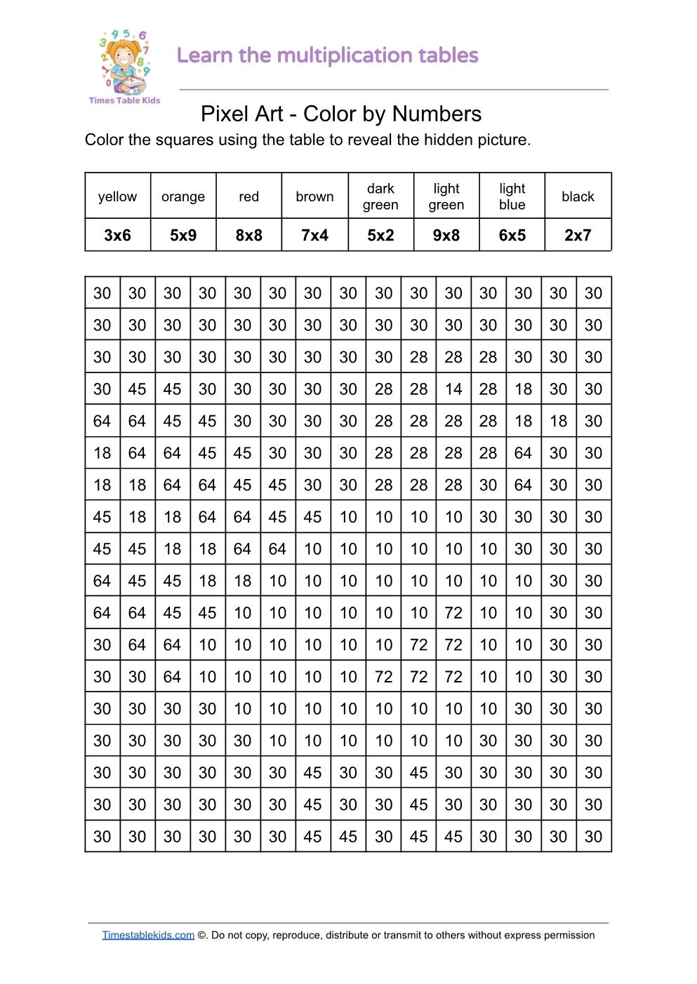 Pixel Art Color By Number Free Thanksgiving Multiplication Worksheet