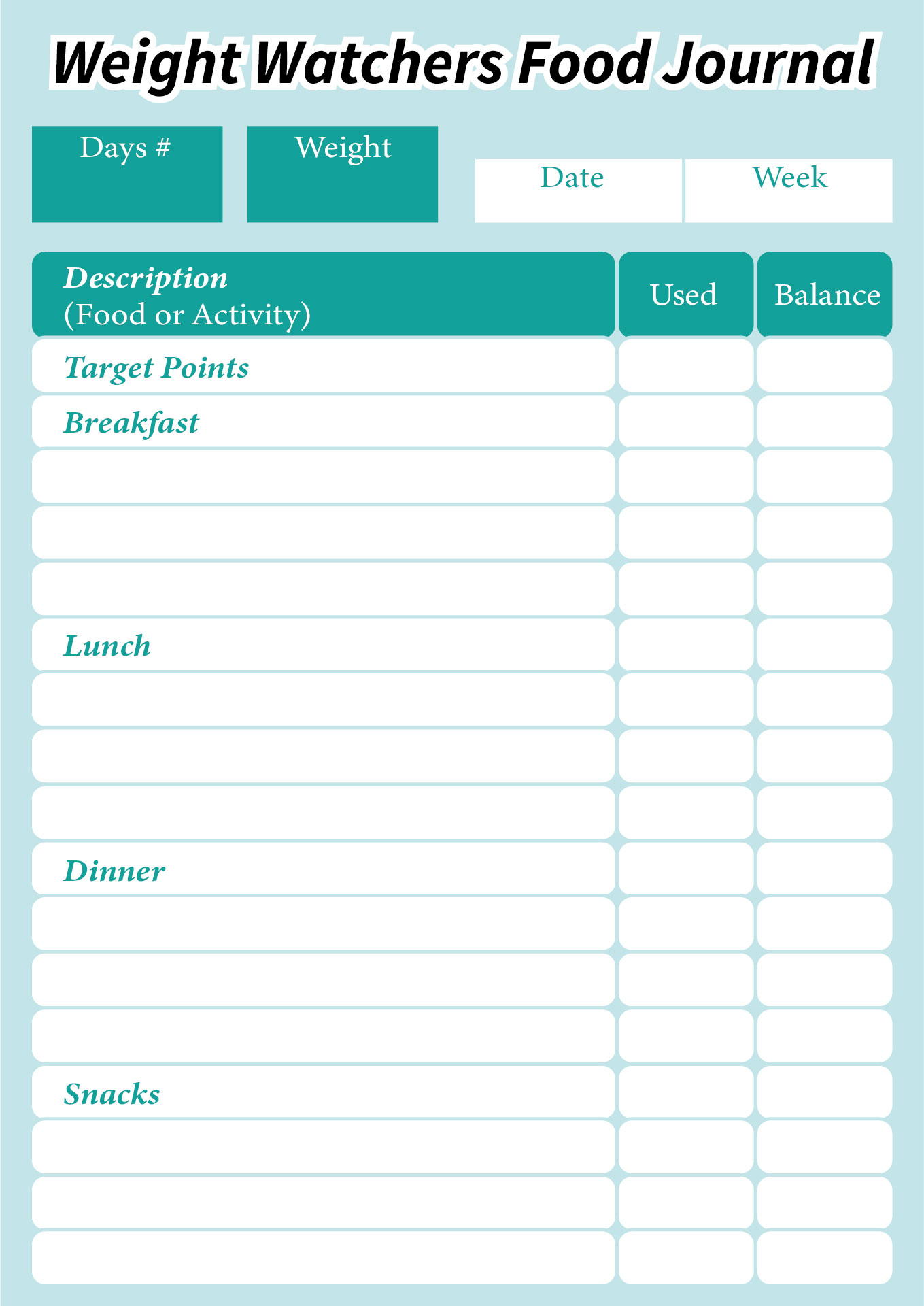 free printable weight watchers food diary