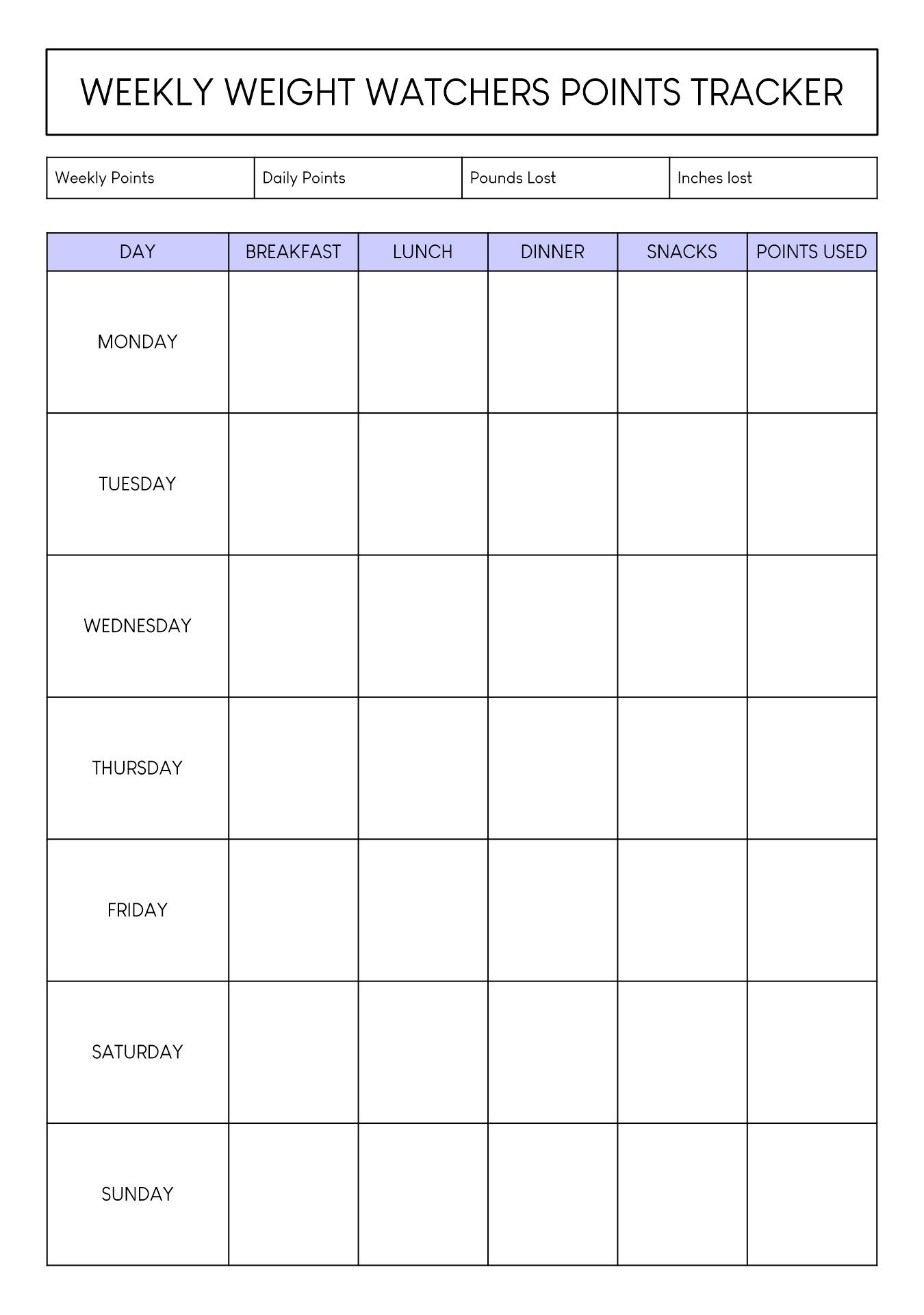 Post Weight Watchers Point Tracker Sheet Printable 380423