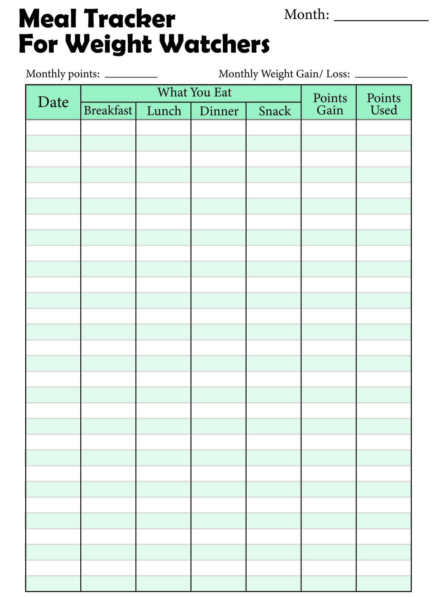 Post Weight Watchers Point Tracker Sheet Printable 380423