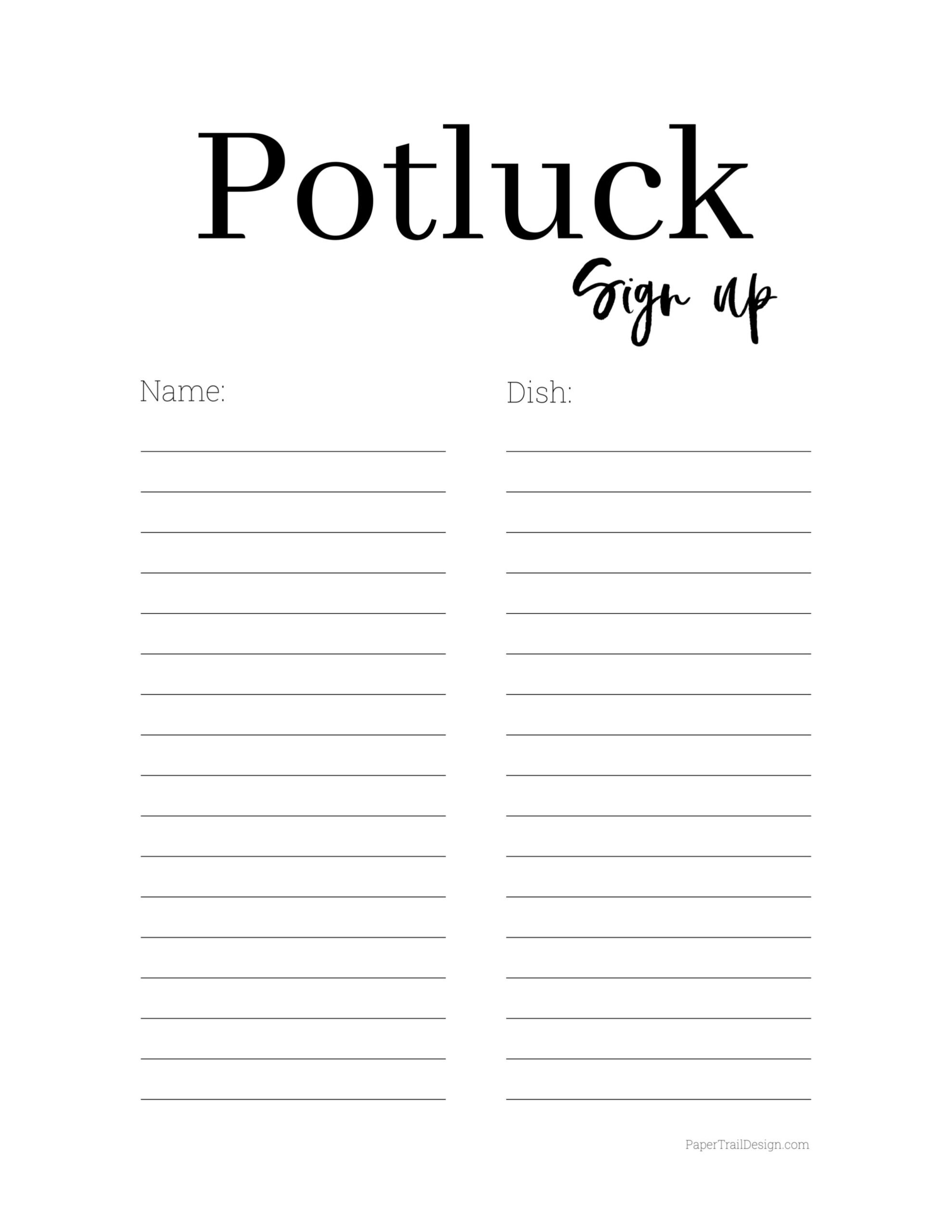 Potluck Sign Up Sheet