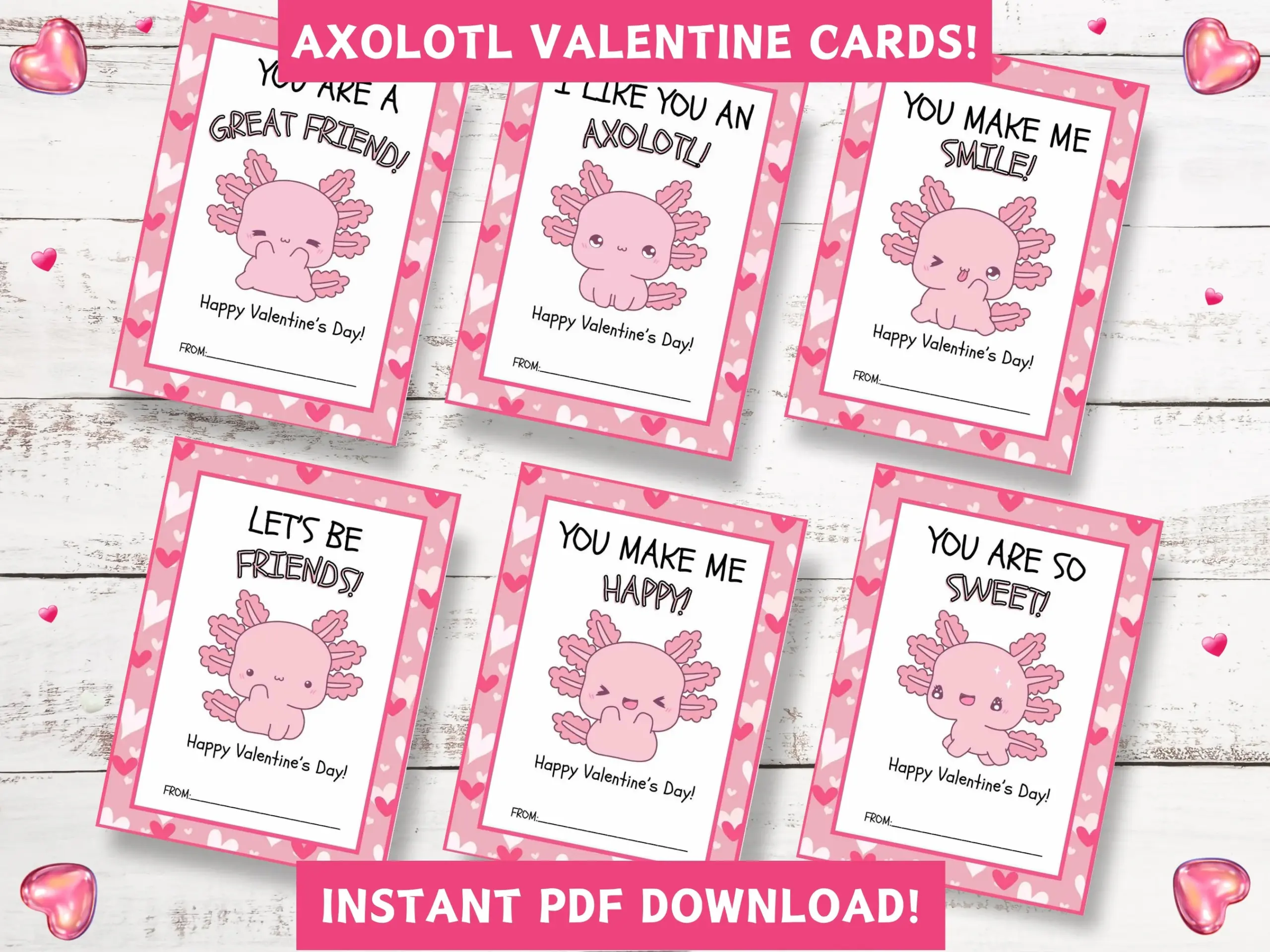 Printable Axolotl Valentines Day Cards