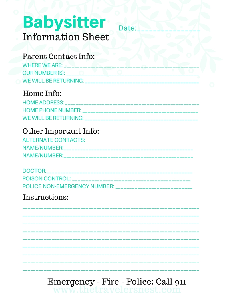 Printable Babysitter Info Sheet