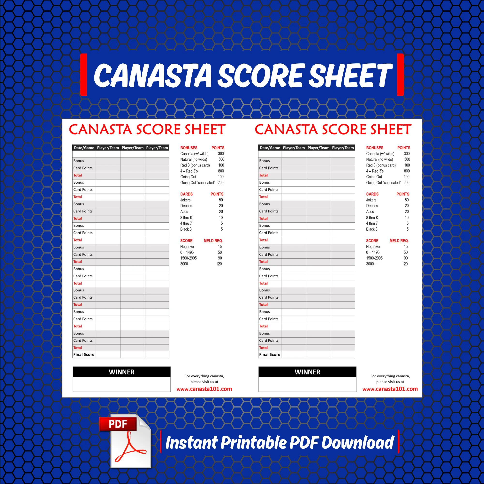 Printable Canasta Score Sheet Classic