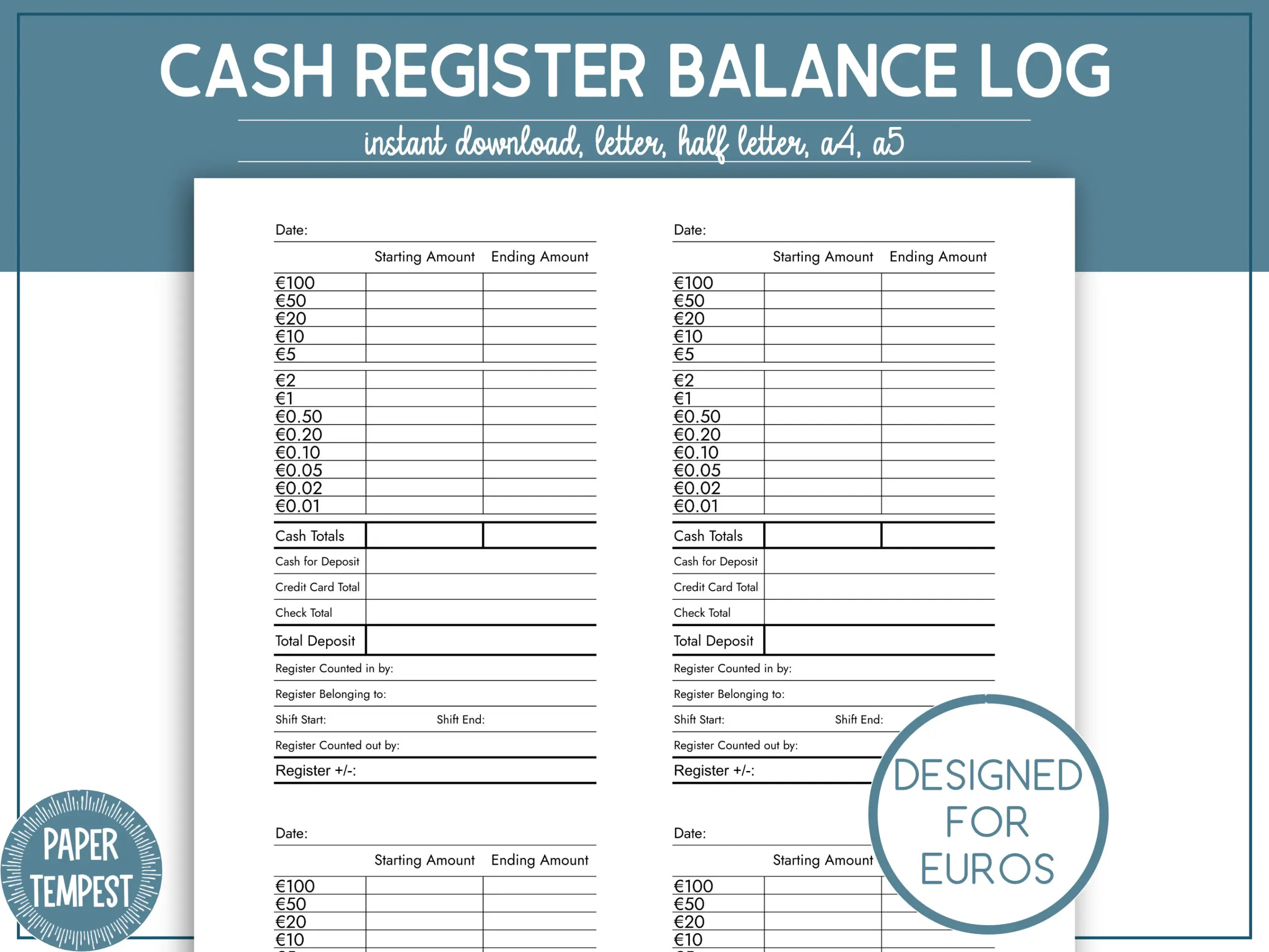 Printable Cash Register Balance Log Cash Printable Cash Register Balance Log Cash