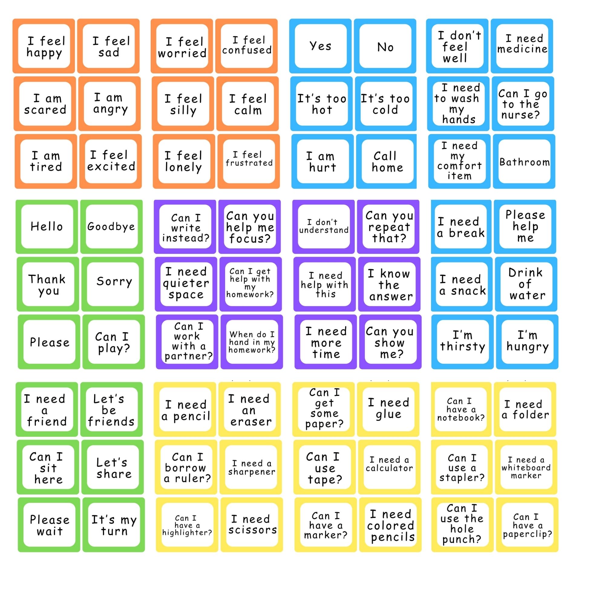 Printable Communication Cards Selective Mutism Non Verbal Autism