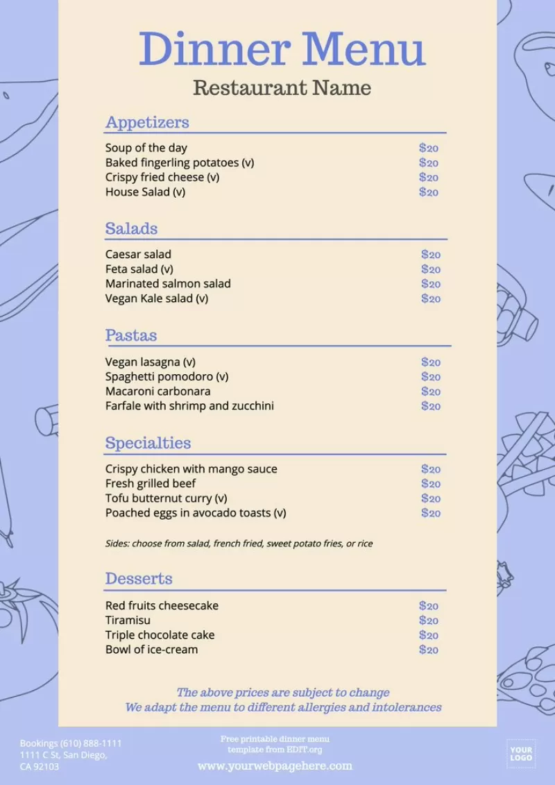 Printable Dinner Menu Templates