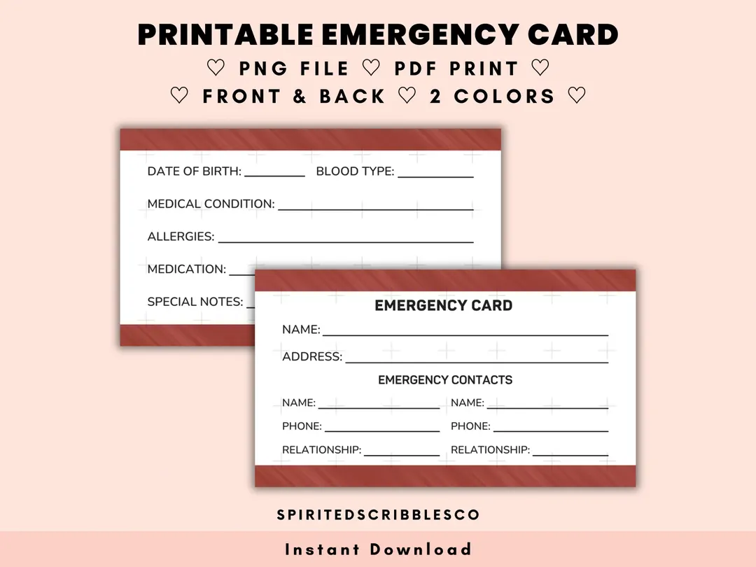 Printable Emergency Card In Case Of