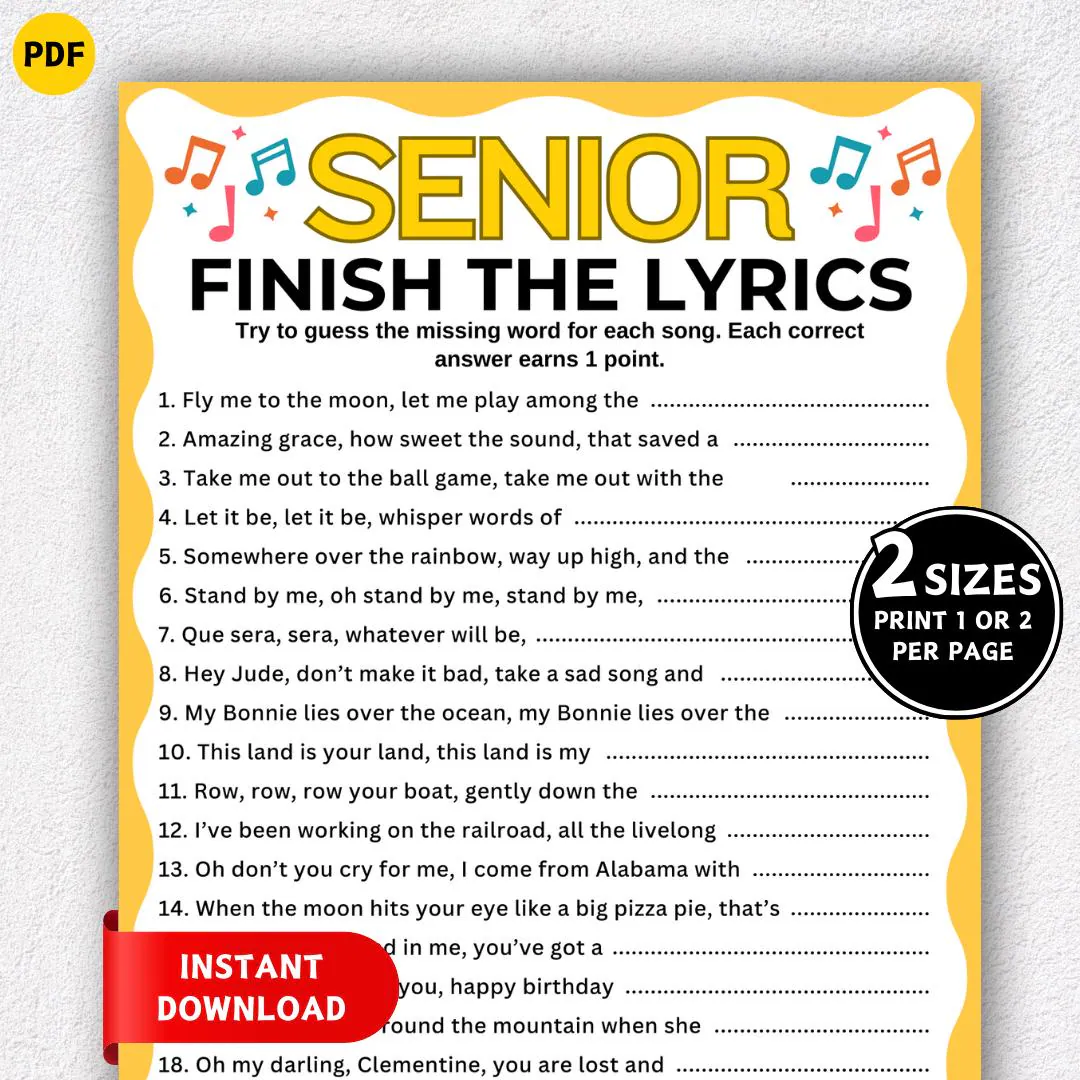 Printable Finish The Lyrics Game Song