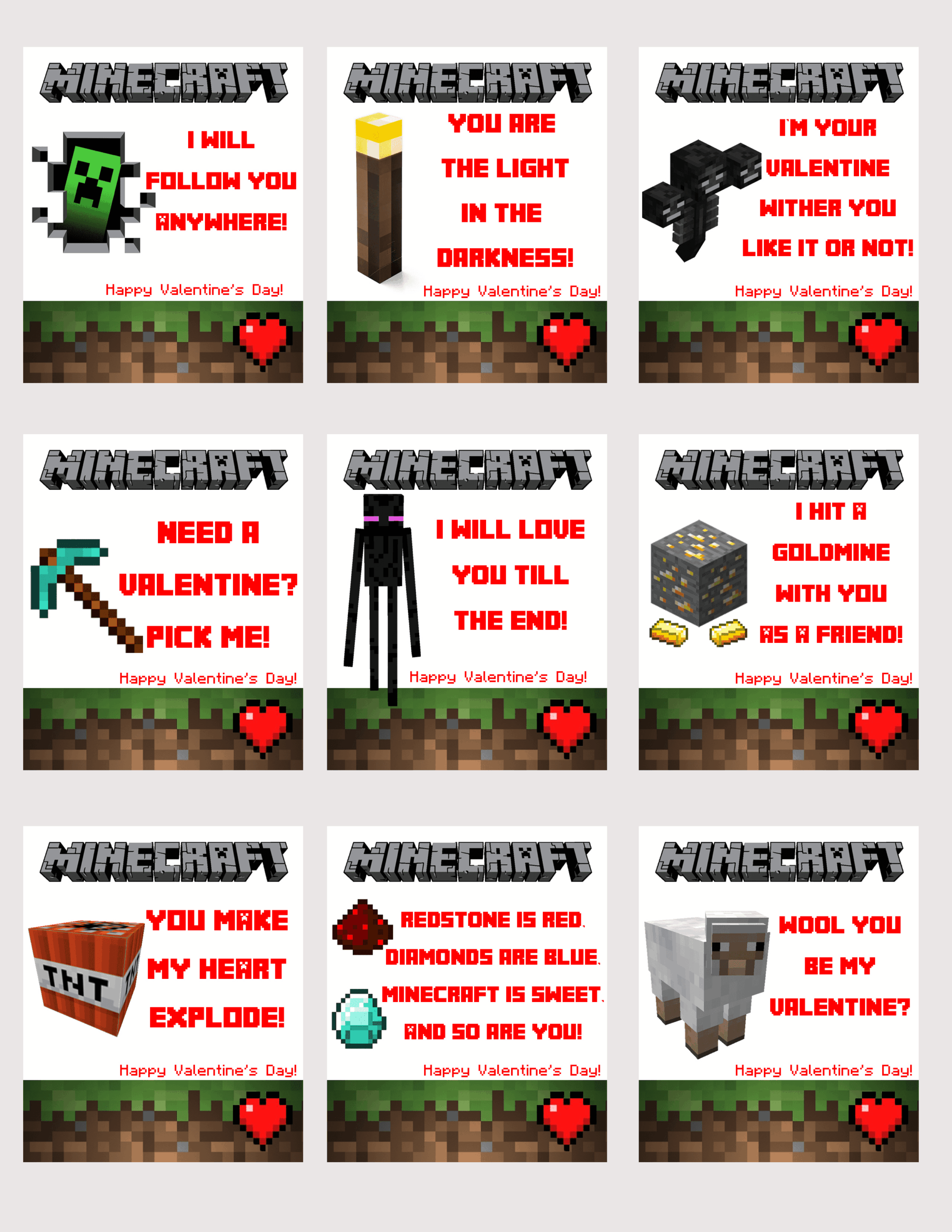 Printable Minecraft Valentines