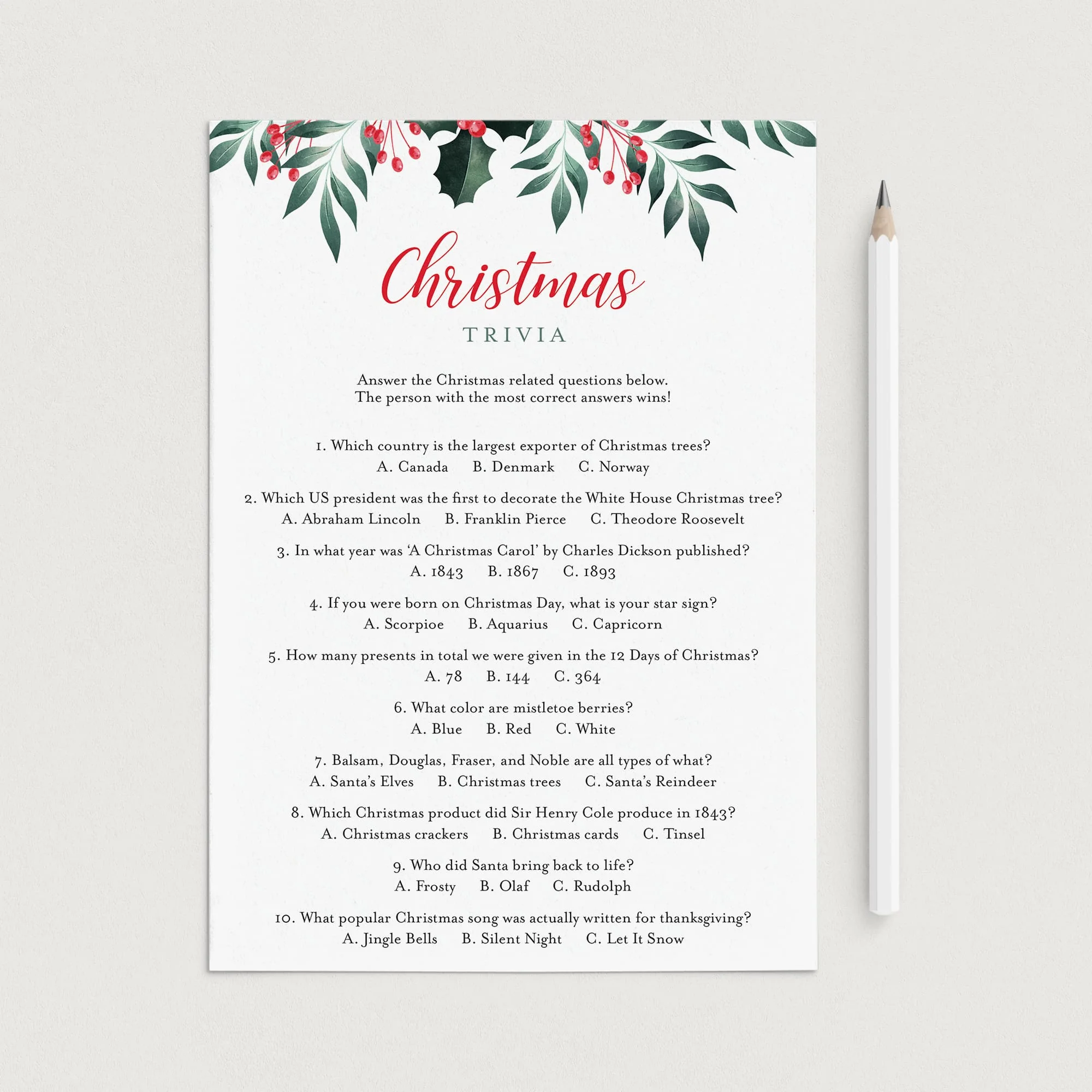 Printable Multiple Choice Christmas Quiz With Answer Key Printable Multiple Choice Christmas Quiz With Answer Key