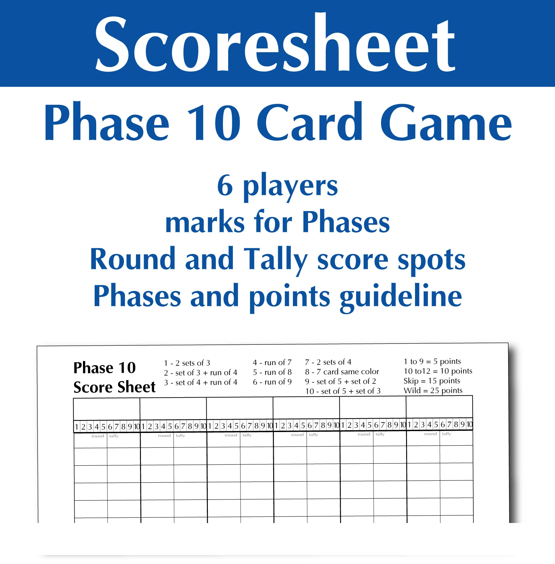 Printable Phase 10 Card Game Score Sheet