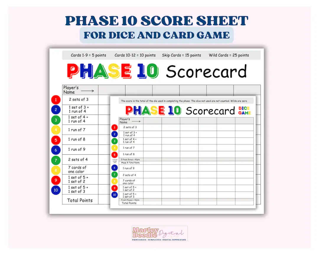 Printable Phase 10 Score Sheets Card